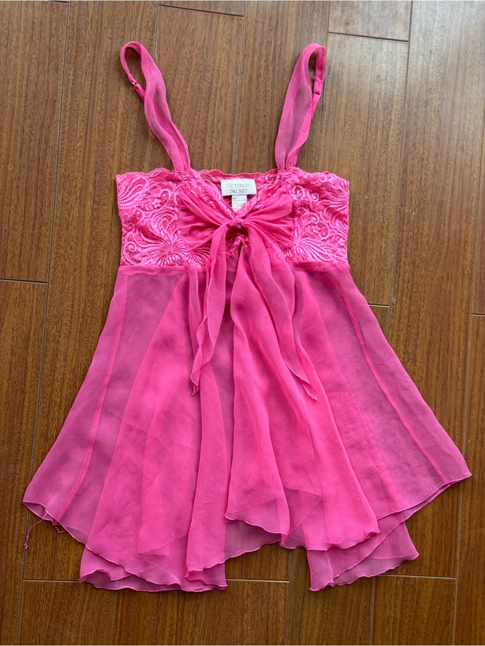 Vintage Y2K 90s Victorias Secret Hot Pink Lace & Chiffon Babydoll Lingerie Slip